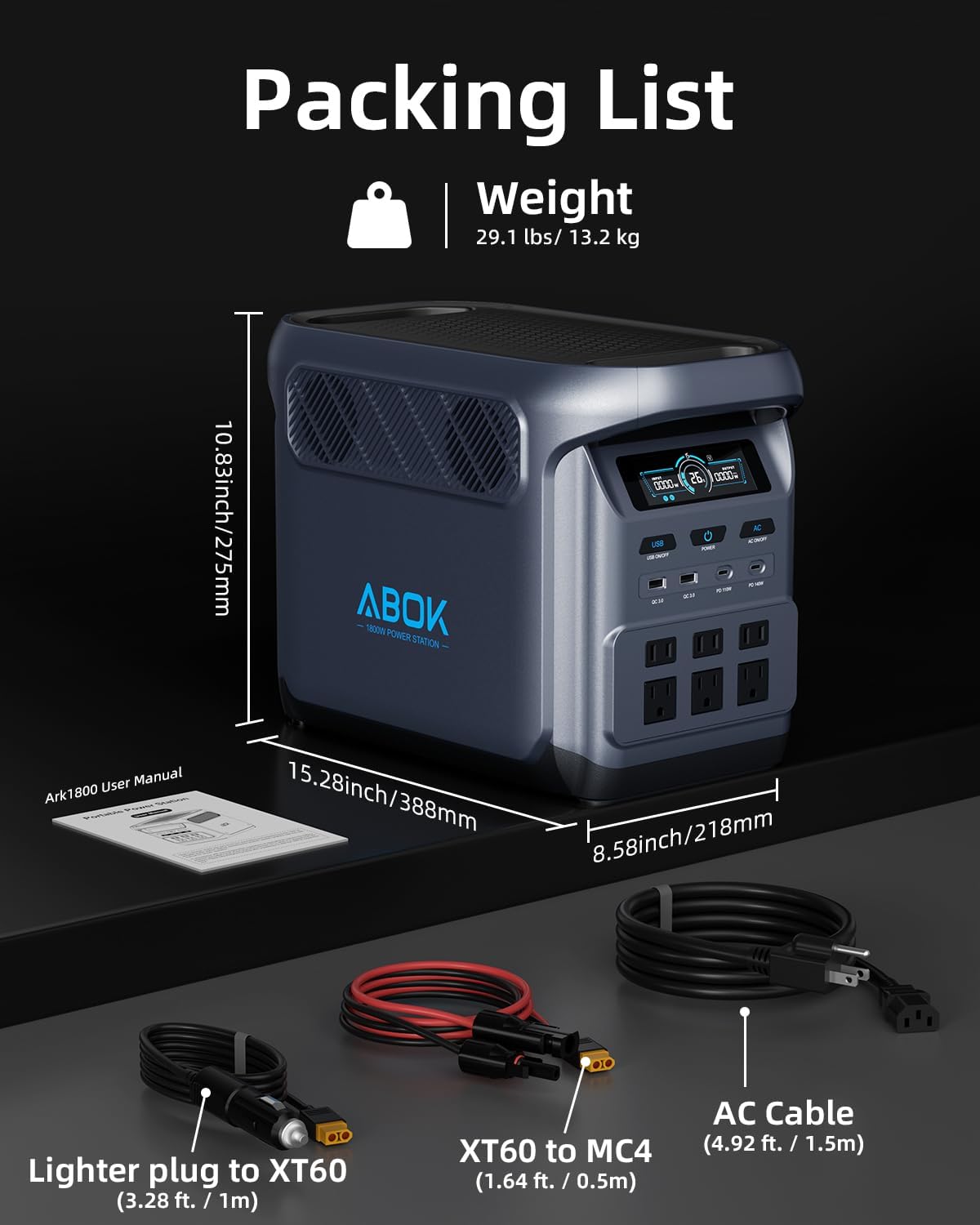 1024Wh ABOK Ark1800 Portable Power Station with 400W Solar Panels, LiFePO4 Battery, 1800W AC Output, UPS, Solar Generator Max.2000W Input(AC+PV), Expandable to 5120Wh, 13 Outlets for Outdoor&Camping