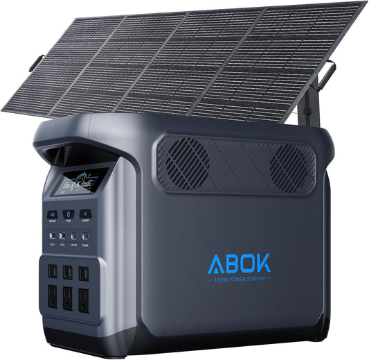 1024Wh ABOK Ark1800 Portable Power Station with 400W Solar Panels, LiFePO4 Battery, 1800W AC Output, UPS, Solar Generator Max.2000W Input(AC+PV), Expandable to 5120Wh, 13 Outlets for Outdoor&Camping