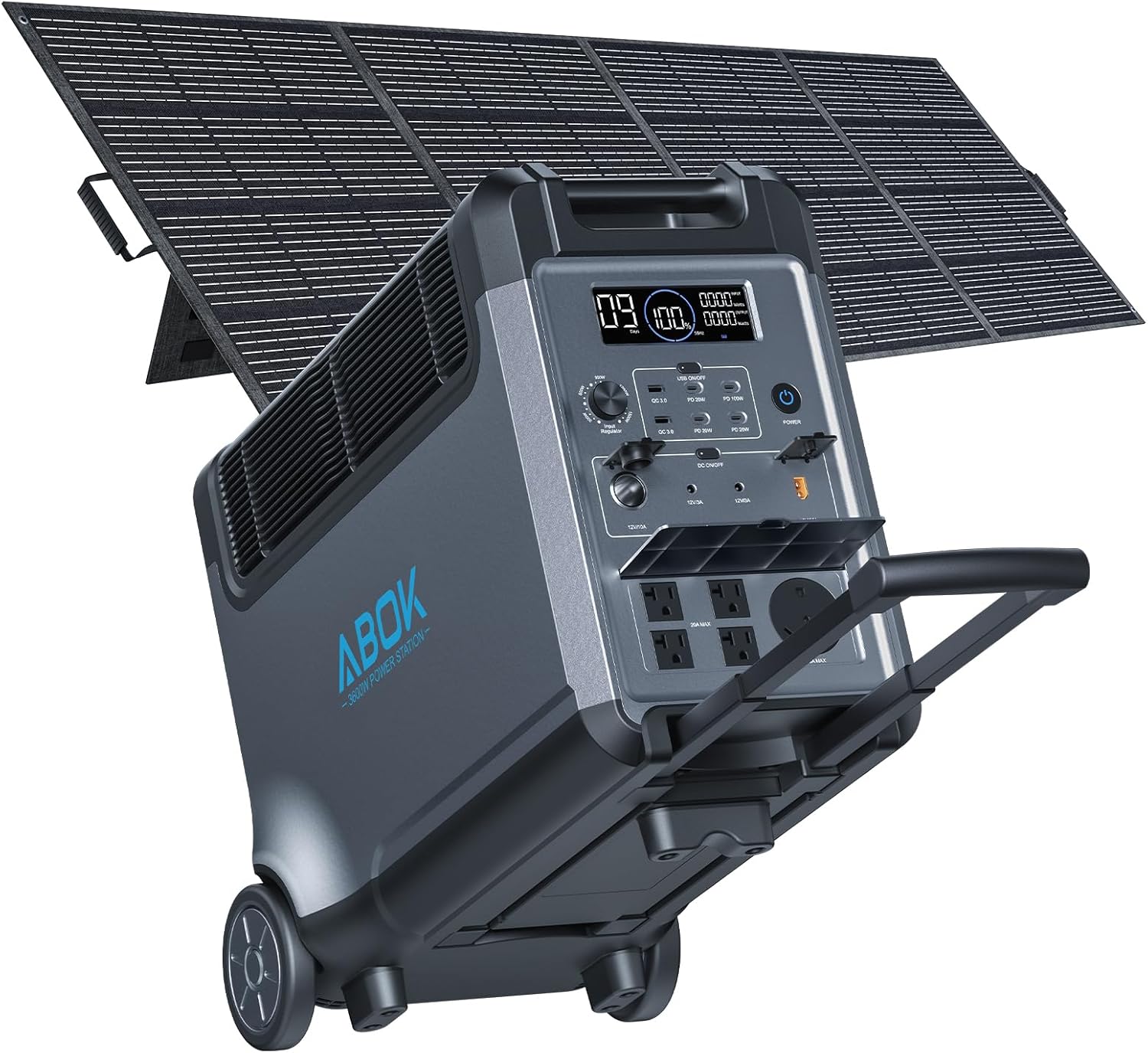 3840Wh ABOK Ark3600 Solar Generator Kit with 400W Solar Panels, 2000W Max Solar Input Electric 3600W Power Station for Garage, Home, Off-Grid Living, Camping, RVs, Outdoor Adventures, Power Outages
