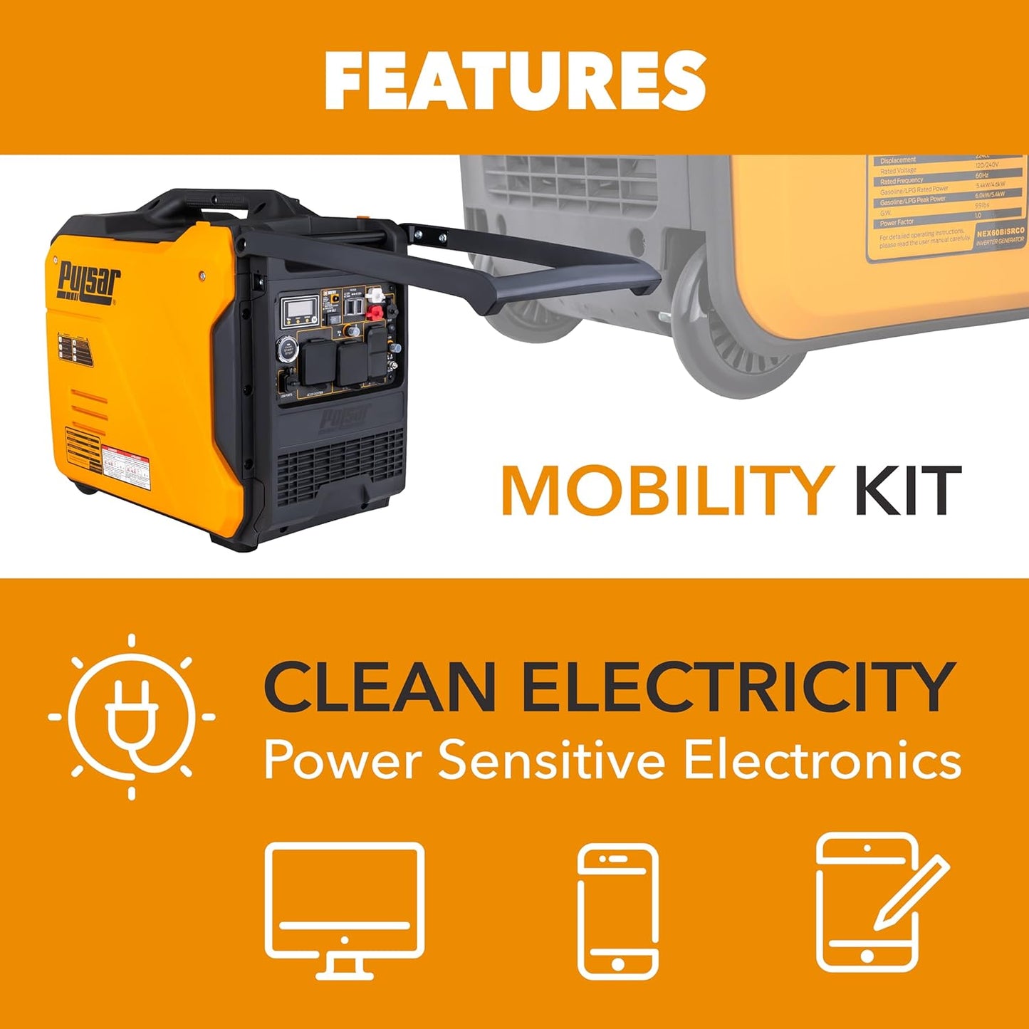 Pulsar NEX60BiSRCO - Generador inversor portátil de 6000 vatios, gasolina de combustible dual y propano, arranque eléctrico remoto, sensor de CO, capacidad paralela, súper silencioso, uso para RV, camping, exteriores y hogar, NEX60BiSRCO