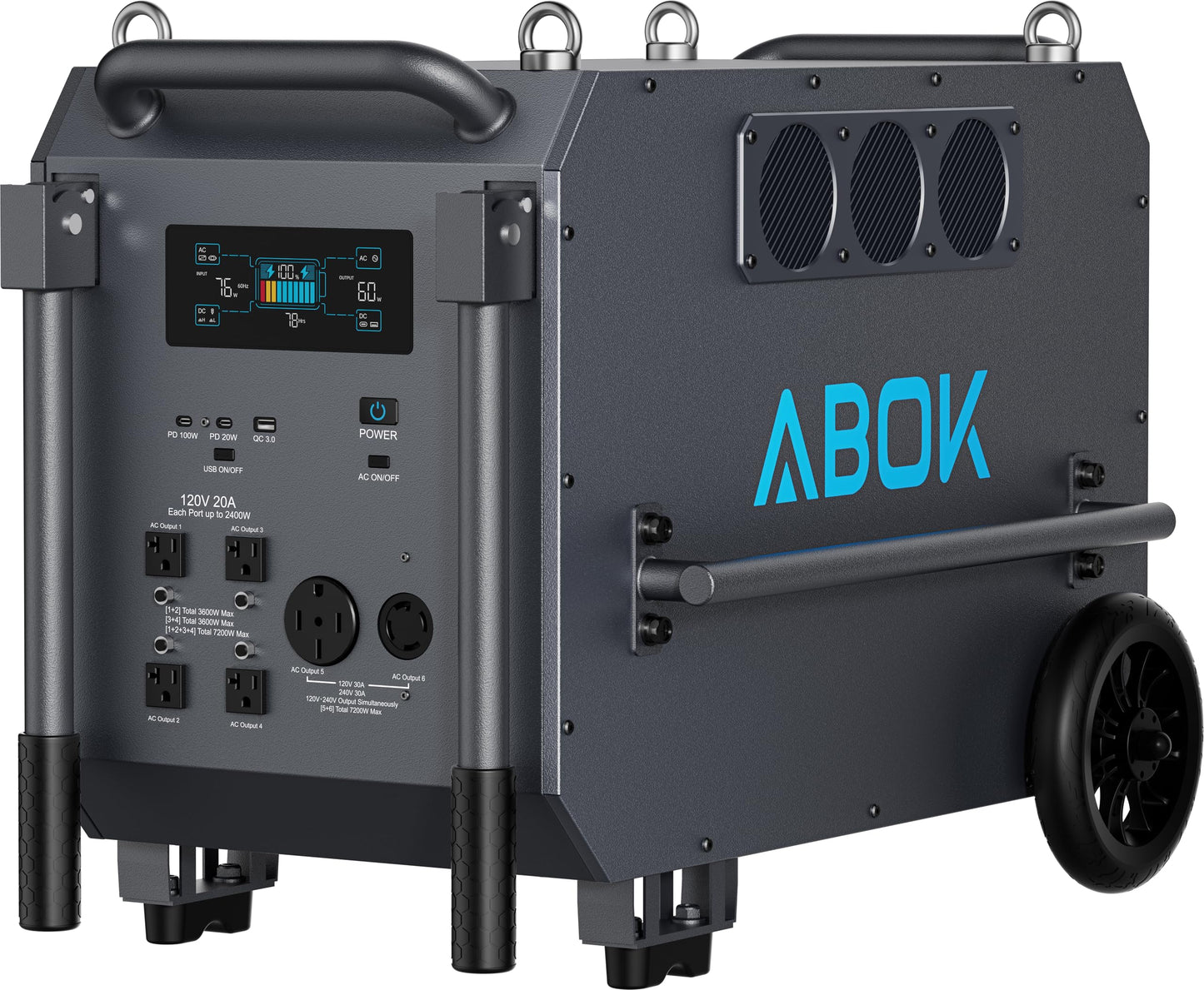 ABOK Ark7200 - Estación de energía portátil + 2 paneles solares de 200 W, salida de CA de 120/240 V 7200 W, batería doméstica LiFePO4 de 9792 Wh, generador solar para operación forestal, sitio de
