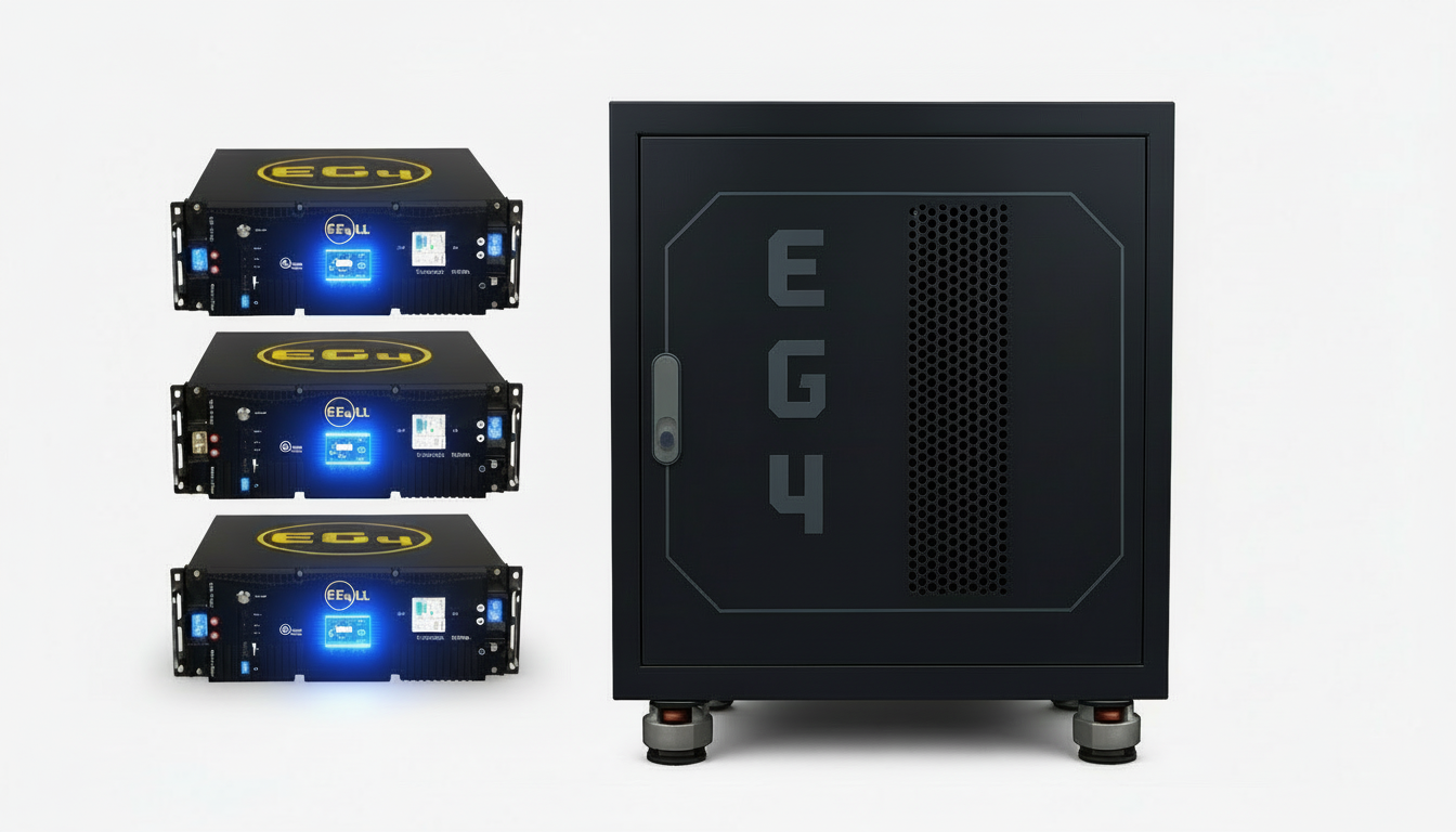 🔋Combo Baterías EG4 LLS LiFePO4 48V 15,3kWh + Rack con ruedas y puerta de 3 Ranuras