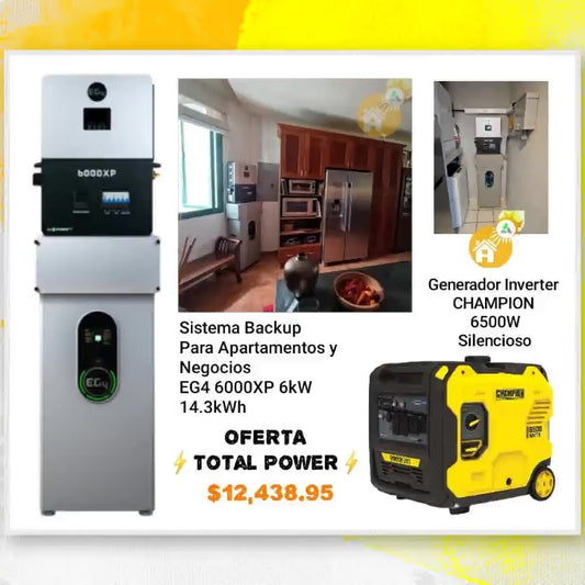 ⚡️Total Power⚡️El Más Poderoso Combo Backup Para Apartamentos EG4 6kW/Batería 14.3kWh+ Generador Inverter CHAMPION