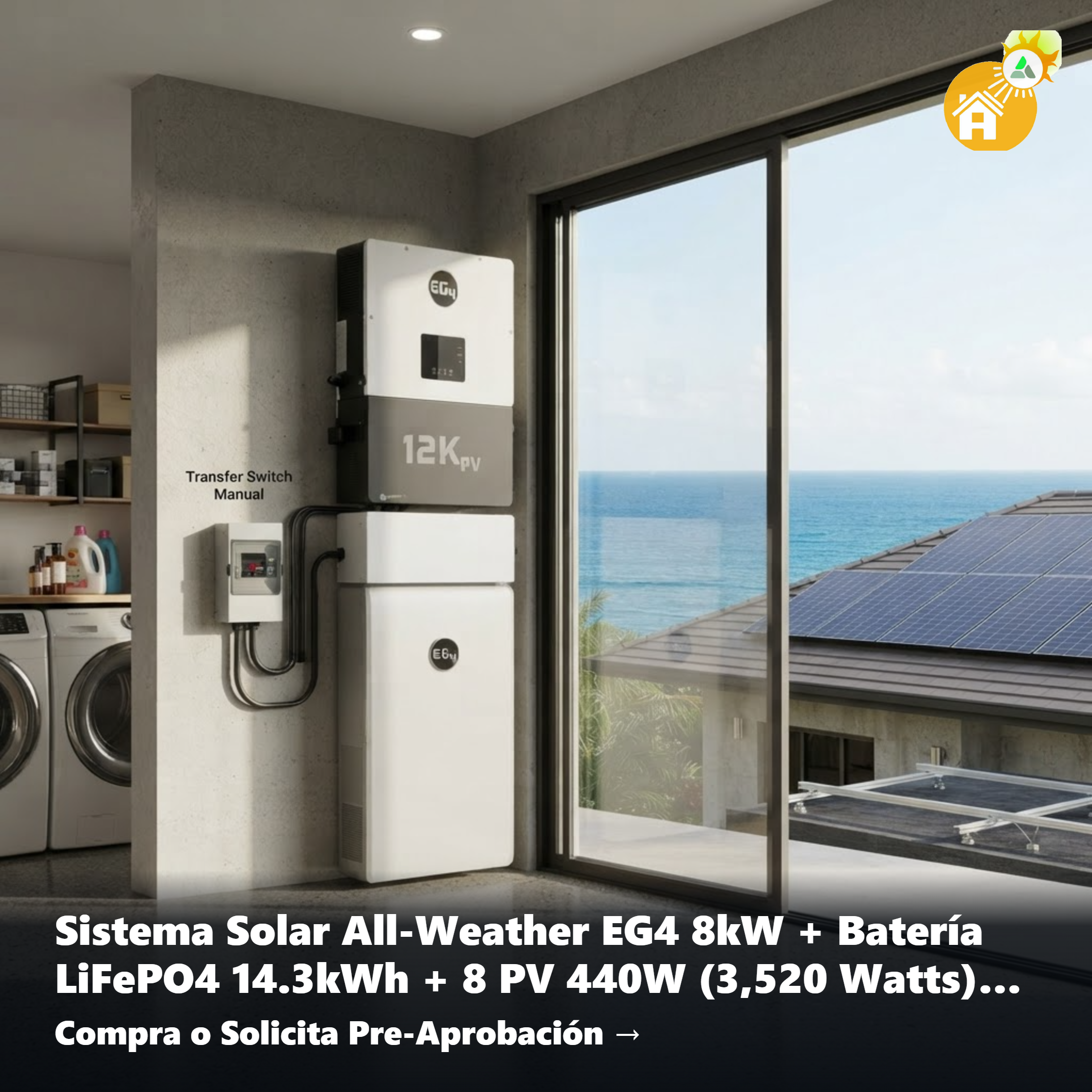 Sistema Solar All-Weather EG4 8kW + Batería LiFePO4 14.3kWh + 8 PV 440W (3,520 Watts) 2